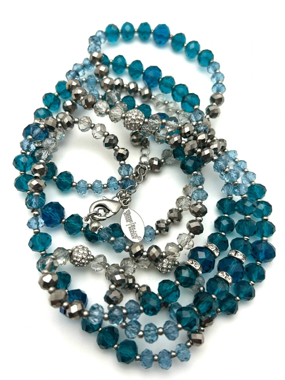 White House Black Market WHBM Blue Beaded and Jeweled Long Strand Necklace 56”
